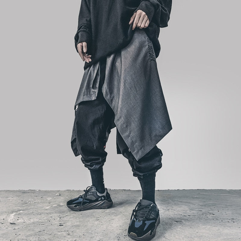 Irregular Hip Hop Men Harem Skirt Pants Harajuku Adjustable Streetwear Black Pleated Apron Gothic Jogger Trouser