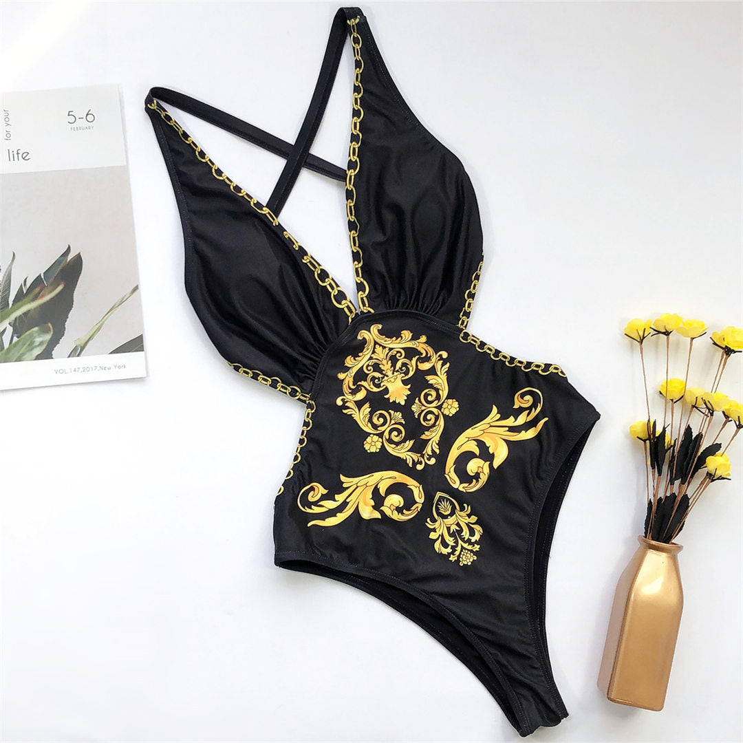 Black V Neck Women Swimwear One Piece Swimsuit Female Bather Printed Bathing Suit Swim Cross Back Bodysuit Lady V1807