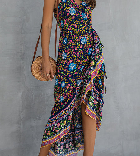 Ruffle Sleeveless Floral Print Wrap High Waist Strap Summer Maxi Boho Dress-women-wanahavit-Navy Blue-S-wanahavit