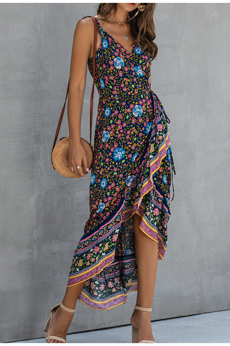 Ruffle Sleeveless Floral Print Wrap High Waist Strap Summer Maxi Boho Dress-women-wanahavit-Navy Blue-S-wanahavit