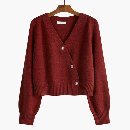 Load image into Gallery viewer, Loose Women Cardigan Sweater Knit Fall Long Sleeve Cute Single Button Crop Sweater  Fashion V Neck All Match Short Jacket
