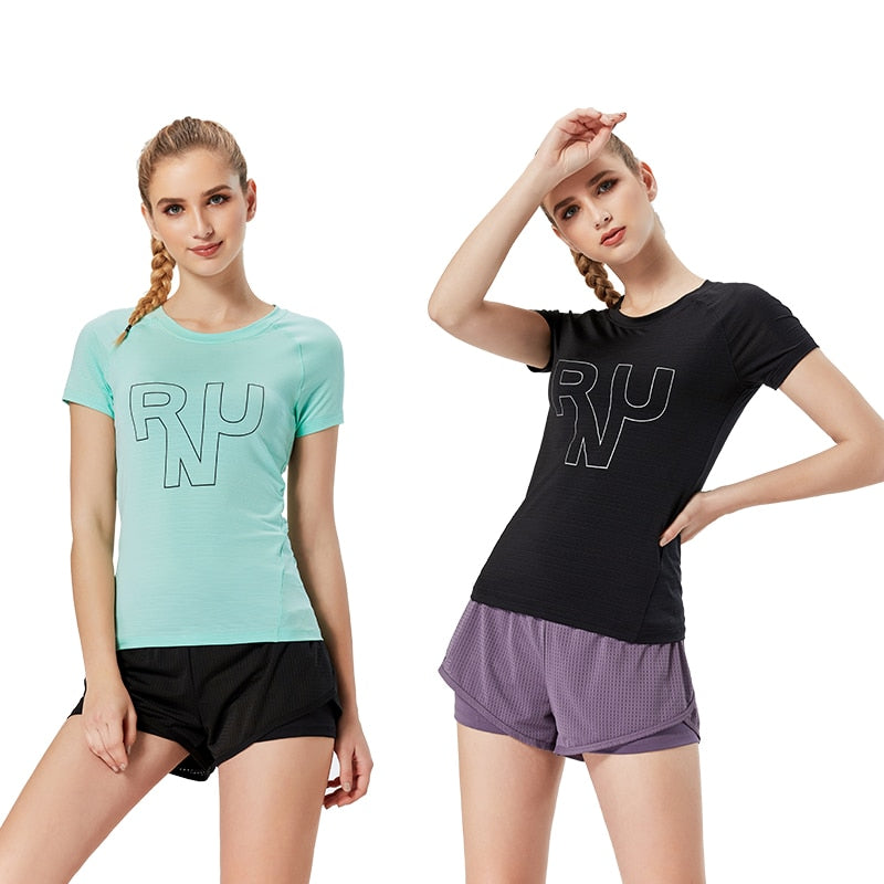 Women's Fitness Jogging Shirts Elastic Yoga Sports Mesh Tshirt Tights Gym Running Tops Short Sleeve Tees Blouses Clothes