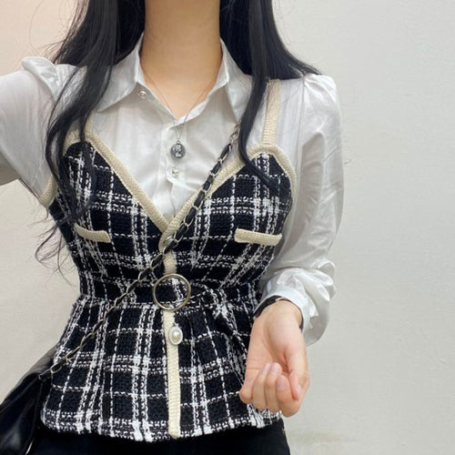 Load image into Gallery viewer, Patchwork Knitted Women Shirts Long Sleeve Elegant Pearl Buttons Korean Slim Ladies Sweater Shirts Fashion Plaid Fall Tops
