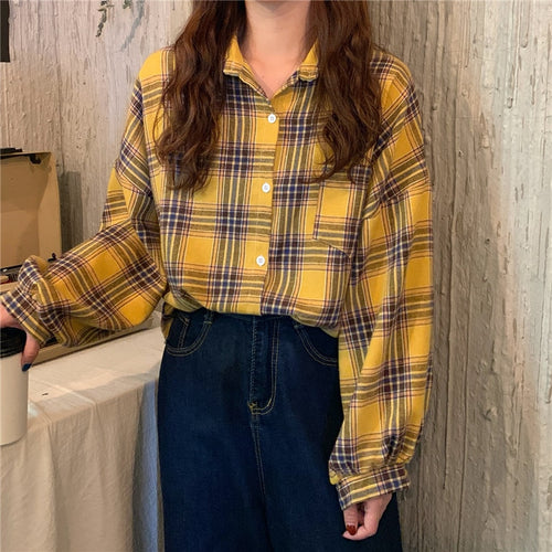 Load image into Gallery viewer, Plaid Women Shirt Loose Spring Long Sleeve Harajuku Korean Loose Ladies Blouse Casual Turn Down Collar Cotton Vintage Tops
