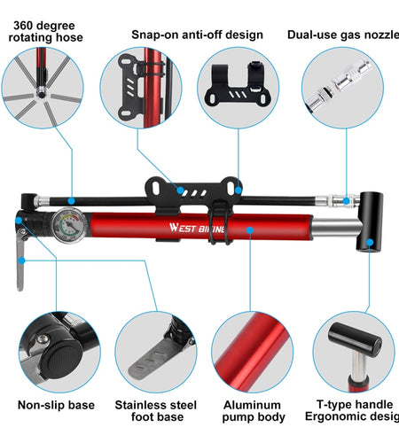 Alloy Bicycle Pump Hose Gauge Hand Foot Floor Bike Tire Pump 130PSI Cycling Air Inflator Presta Schrader Valve Pump