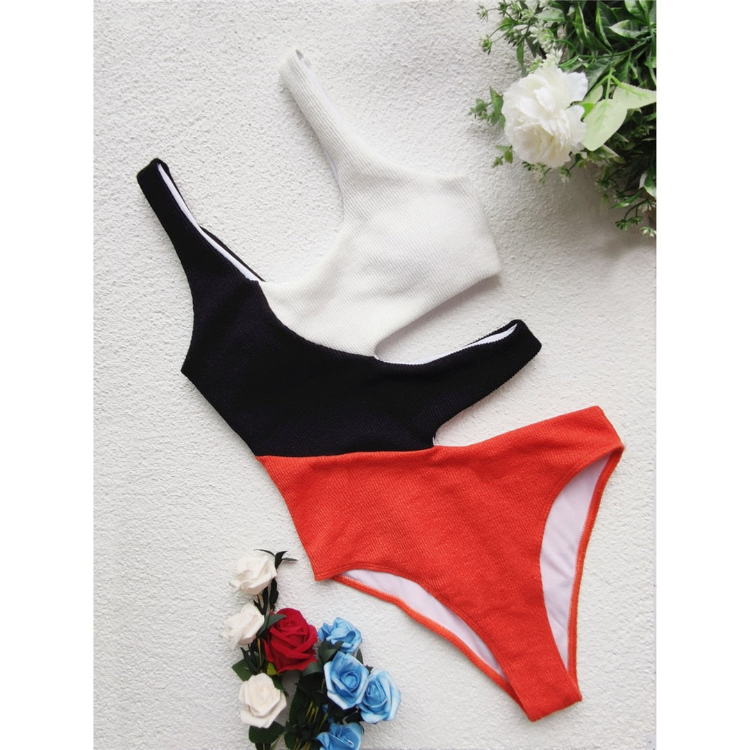 Sexy Splicing Asymmetric Women Swimwear One Piece Swimsuit Female Cut Out Padded Bather Bathing Suit Swim Lady V3284