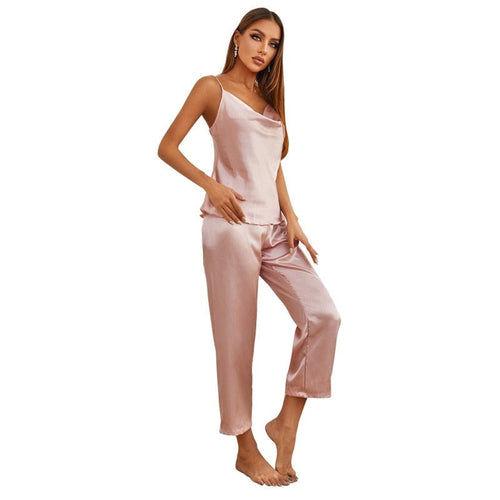 Load image into Gallery viewer, Women&#39;s Pajamas Set Silk Like Homewear Solid Sling Top Pants Simplicity Nightgown Elegant Home Clothes пижама женская
