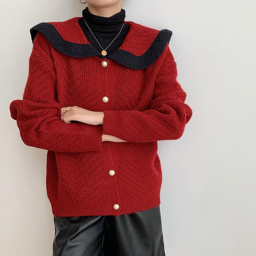 Load image into Gallery viewer, Patchwork Women Cardigan Sweater Harajuku Fashion Sailor Collar Pearl Button Knitted Jacket  Fall Casual Female Coats

