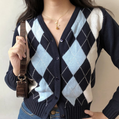 Load image into Gallery viewer, Black Argyle Women Cardigan Sweater Fashion Button V Neck Long Sleeve Knitted Plaid Sweater Street Wear Female Thin Jacket
