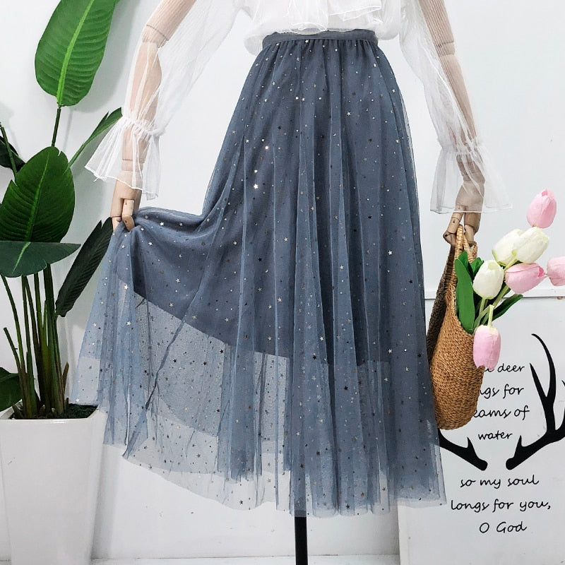 Elegant Korean Women Tulle Skirt Fashion Sequin Star Summer Mesh Ladies Long Skirt Elastic High Waist Party White Skirt