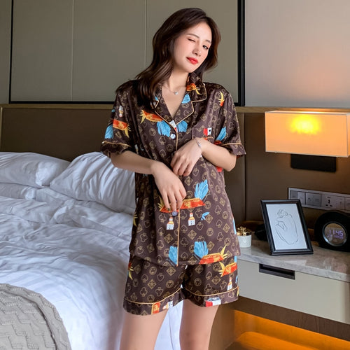 Load image into Gallery viewer, Women&#39;s Pajamas Set Luxury Style Fashion Poker Pattern Short Sleeve Couple Sleepwear Silk Like Leisure Home Clothes Nightwear
