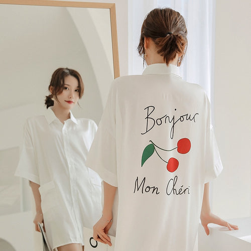 Load image into Gallery viewer, Summer Women&#39;s Pajamas V Neck Fashion Cherry Letter Sleepdress Nightie Silk Like Leisure Home Clothes Shirt Nightwear
