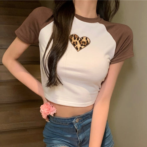 Load image into Gallery viewer, Fashion Leopard Embroidery Women Tanks 100% Cotton O Neck Fashion Crop Tops Slim Short Sleeve Elastic Girls Cute Tops
