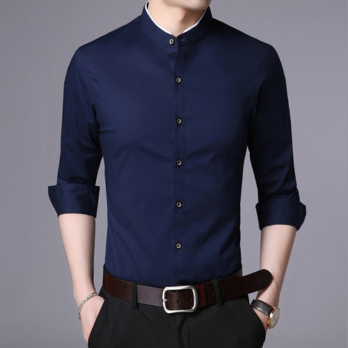 Load image into Gallery viewer, Fashion Shirt Men Mandarin Collar Long Sleeve Regular Fit Cotton Autumn Black Korean Dress Shirt Casual Men Clothes
