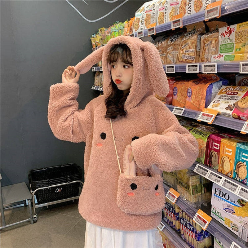 Women Cute Hoodie Student Hoodie Long Sleeve Oversize Sweet Rabbit Warm Coat Kawaii Spring Bunny Ear Girls Sweatshirts