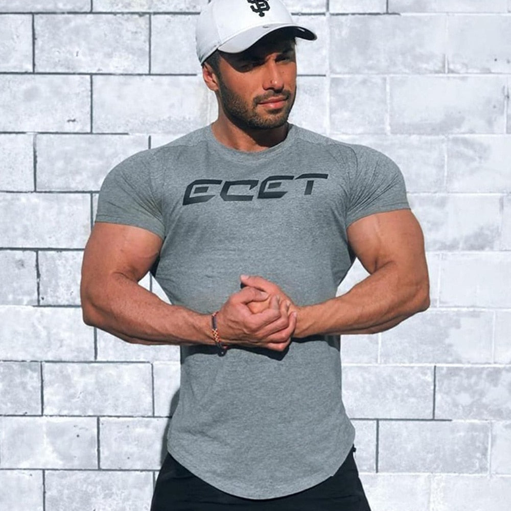 Men Short Sleeve T-shirt Summer Gym Fitness Bodybuilding Skinny  Shirt Male Workout Gray Tees Tops Casual Print Fashion Clothing