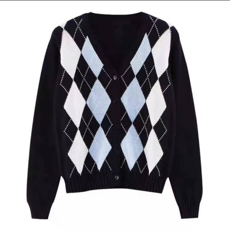 Black Argyle Women Cardigan Sweater Fashion Button V Neck Long Sleeve Knitted Plaid Sweater Street Wear Female Thin Jacket