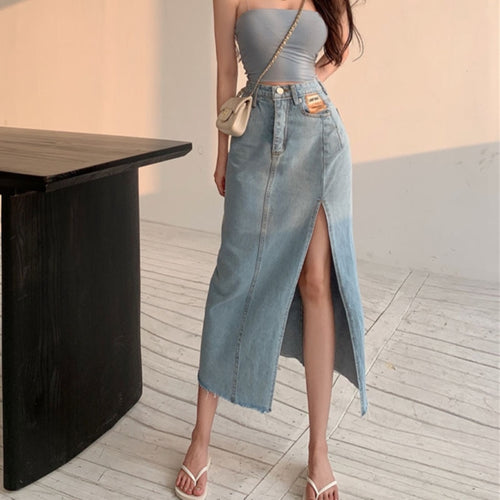 Load image into Gallery viewer, Slit Women Denim Skirt High Waist Summer Tassel Loose A Line Jeans Long Skirt Causal Korean Black Fashion Cotton Skirts
