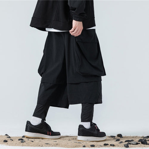 Load image into Gallery viewer, Fake two Pieces Baggy Pants Joggers Men Loose Trousers Autumn Hip Hop Streetwear Cargo Pant Black WB288
