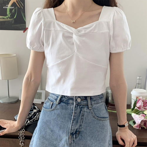 Load image into Gallery viewer, Korean Women Blouse Summer Square Collar White Short Sleeve Summer Pullover Crop Tops Designed Ladies Casual Shirts

