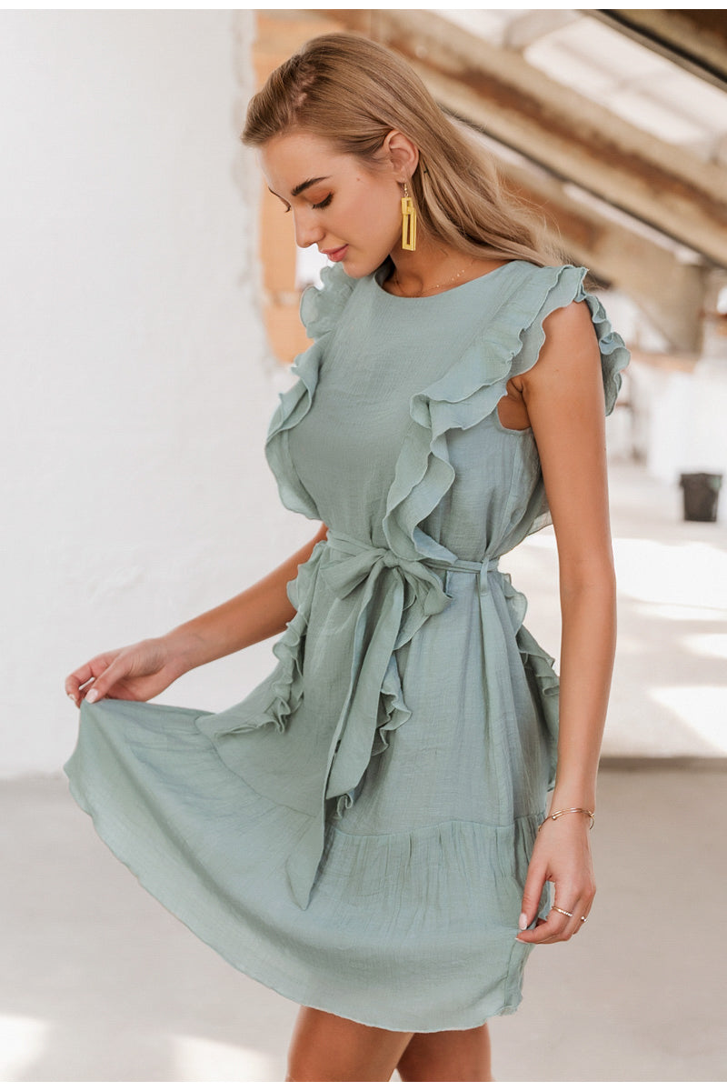 Elegant Ruffled Solid Chiffon Sleeveless Mini Summer Dress-women-wanahavit-Grey Blue-S-wanahavit