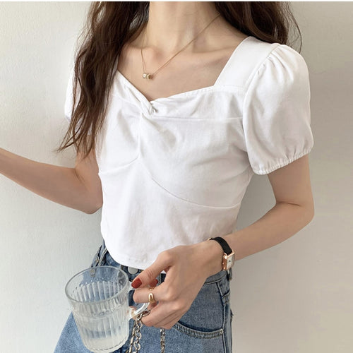 Load image into Gallery viewer, Korean Women Blouse Summer Square Collar White Short Sleeve Summer Pullover Crop Tops Designed Ladies Casual Shirts
