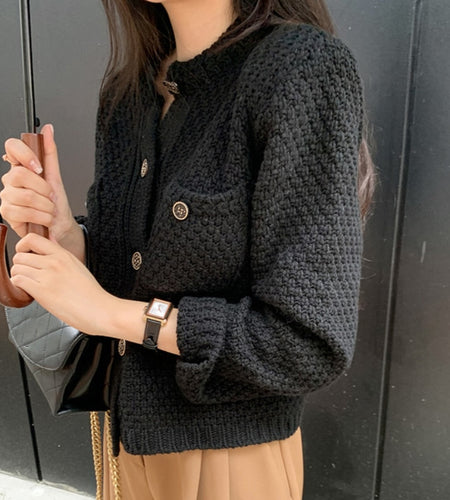 Vintage Women Cardigans Sweater Elegant Single Breasted Autumn Knitted Short Jacket Casual O Neck Korean Female Coats