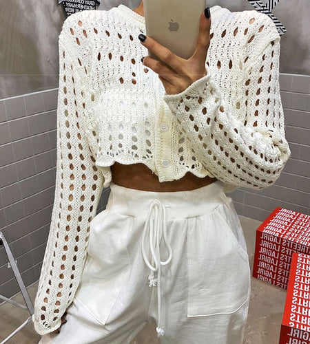 Chic Women Cardigan Sweater Korean Hollow Out Chic Long Sleeve Corded Casual Long Sleeve Knitted Short Coat