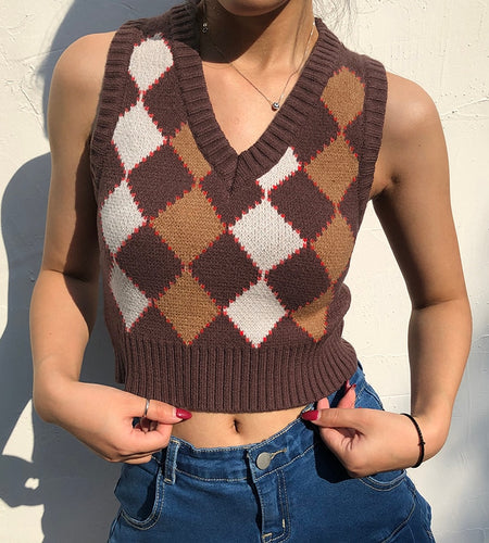 Brown Argyle Vintage Cropped Sweater Vest Autumn Sleeveless Knit Pullover Preppy Style Jumper Casual Plaid Knitwear 90s
