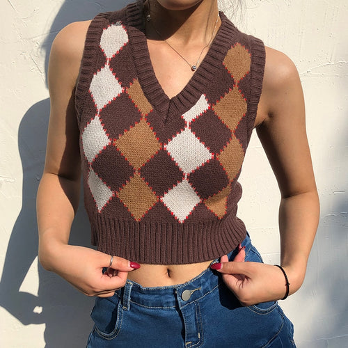 Load image into Gallery viewer, Brown Argyle Vintage Cropped Sweater Vest Autumn Sleeveless Knit Pullover Preppy Style Jumper Casual Plaid Knitwear 90s
