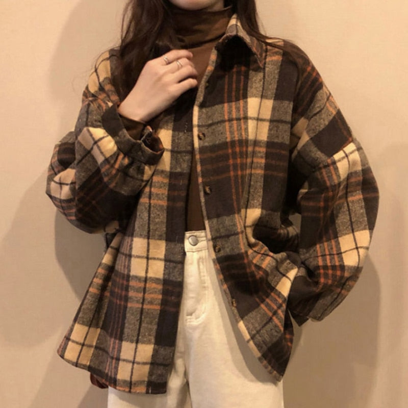 Thick Women Shirts Winter Warm Long Sleeve Vintage Plaid Female Button Up Coffee Ladies Coats Korean Casual Tops