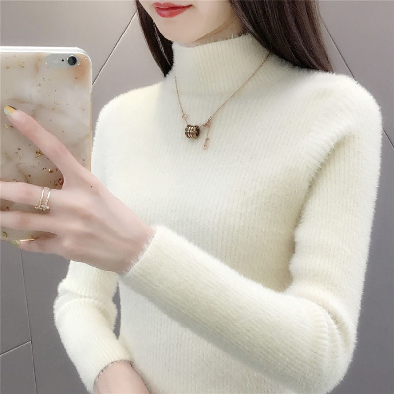 High Quality Faux Fur Women Knitted Sweater Winter Warm Turtleneck Pullover Female Top Casual Thick Korean Loose Jumper
