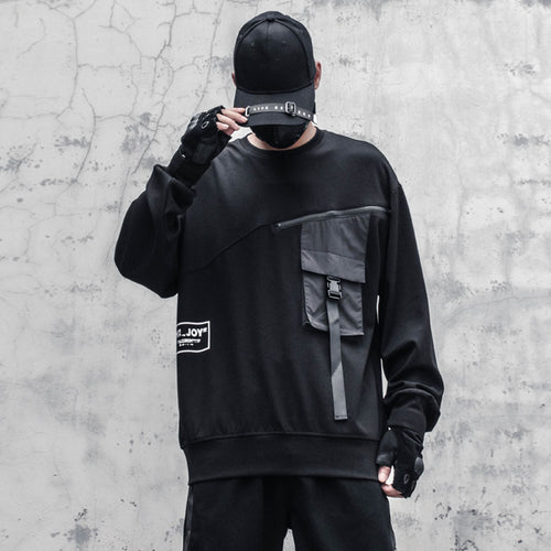 Load image into Gallery viewer, Men Patchwork Sweatshirt Hip Hop Streetwear Fashion Harajuku Pocket Ribbons O-Neck Pullover Loose Tops WB390
