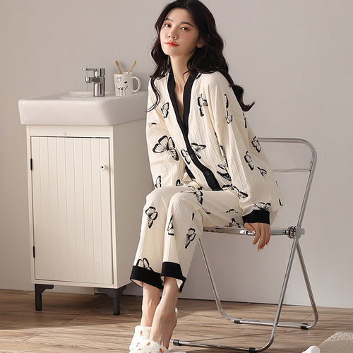 Load image into Gallery viewer, Autumn Women&#39;s Pajamas Set High Quality Pit Stripes Sleepwear V Neck Cotton Nightie Homewear Nightwear Pyjamas Femme
