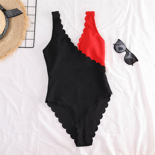 Load image into Gallery viewer, XS - XL Sexy Scalloped Splicing High Cut One Piece Swimsuit Women Swimwear Female Ribbed Bather Bathing Suit Swim Lady V2425
