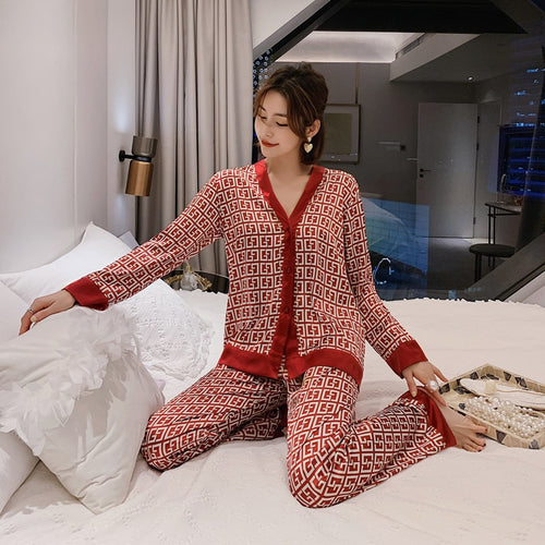 Load image into Gallery viewer, Women&#39;s Pajamas Set V Neck Design Luxury Cross Letter Print Sleepwear Silk Like Home Clothes XXXXL Large Size Nightwear
