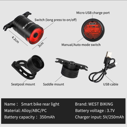 Load image into Gallery viewer, Smart Bicycle Flashlight MTB Road Bike Rear Light Auto Start/Stop Brake Sensing IPX6 Waterproof LED Charging Cycling Taillight
