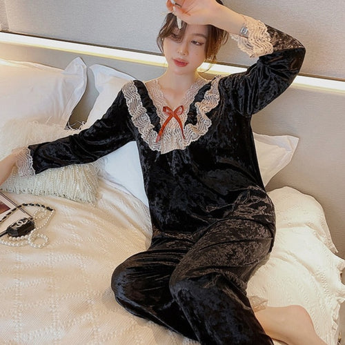 Load image into Gallery viewer, Women&#39;s Pajamas Set Sweet Style Velvet Sleepwear Casual Lace Bow Homewear V Neck Nightwear Pyjamas Femme
