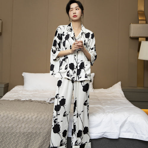 Load image into Gallery viewer, Women&#39;s Pajamas Set Loose Type V Neck Sleepwear Floral Print Silk Like Leisure Home Clothes Nightwear Pyjamas Femme
