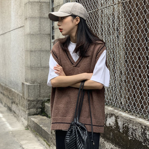 Load image into Gallery viewer, Autumn Simple All Match Vest Women V Neck Black Knitted Sweater Sleeveless Student Tanks Korean Fashion White Waistcoat
