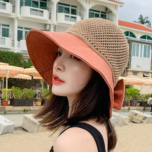 Load image into Gallery viewer, Woman Summer Hats With Visor Hollow Straw Hat Fashion Bow Design Sun Hat Travel Mesh Bucket Hat
