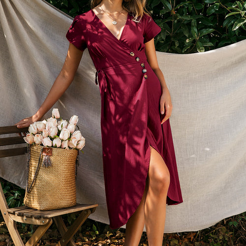 Load image into Gallery viewer, Sexy V-Neck Wrap Dress Casual Solid A-Line Summer Midi Bodycon Dress-women-wanahavit-brick red-S-wanahavit
