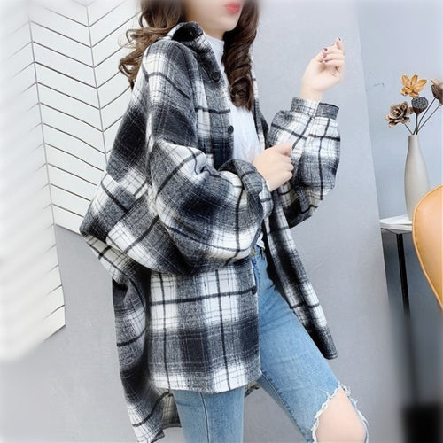 Load image into Gallery viewer, Vintage Women Plaid Shirt Autumn Loose Long Sleeve Turn Down Collar Button Up Korean Shirts Casual Oversize Female Tops
