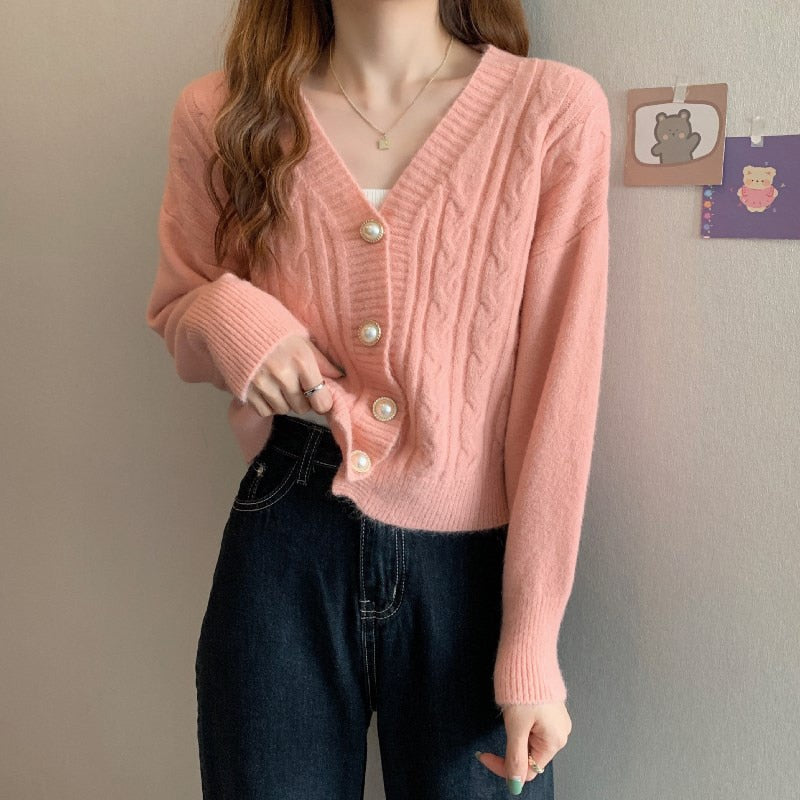 Knit Women Cute Cardigan Sweater Fashion Sweet Pearl Button Fall Loose Sleeve  Short Jacket V Neck Solid Color Coat