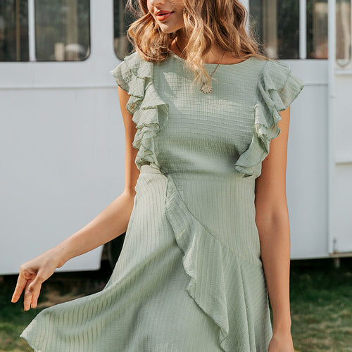 Load image into Gallery viewer, Ruffled O-Neck Sleeveless Casual A-Line Female High Waist Dress-women-wanahavit-Green-S-wanahavit
