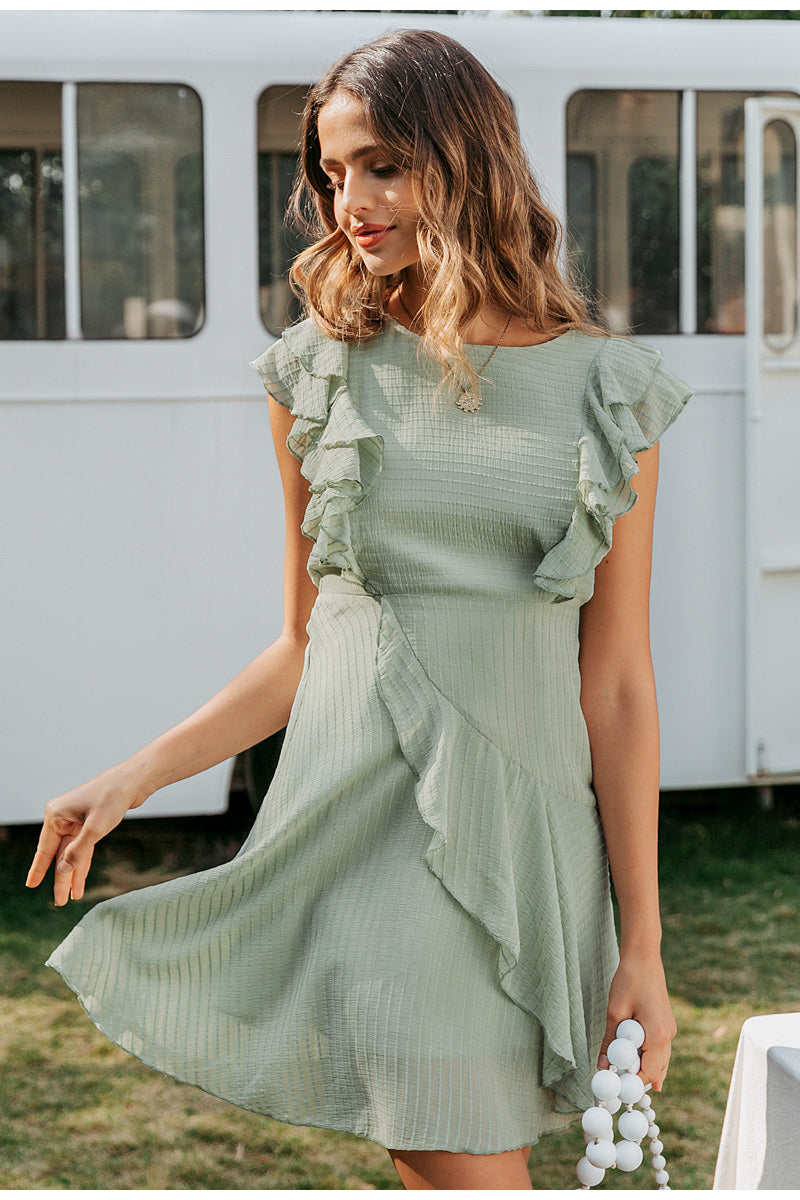 Ruffled O-Neck Sleeveless Casual A-Line Female High Waist Dress-women-wanahavit-Green-S-wanahavit