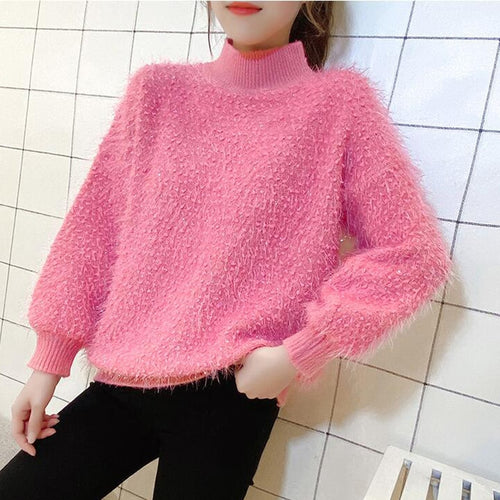 Load image into Gallery viewer, Elegant Tassel Women Sweater Winter Thick Faux Fur Knitted Pullover Jumper Half Turtleneck Loose Long Sleeve Female Top
