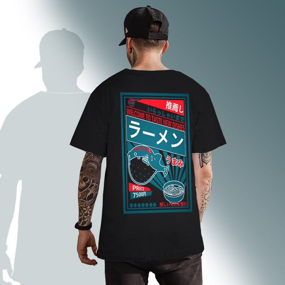 Japanese Harajuku T-Shirt Men Summer Hip Hop T Shirts Dolphin Noodle Ship Cartoon Streetwear Tshirts Short Sleeve Top Cotton