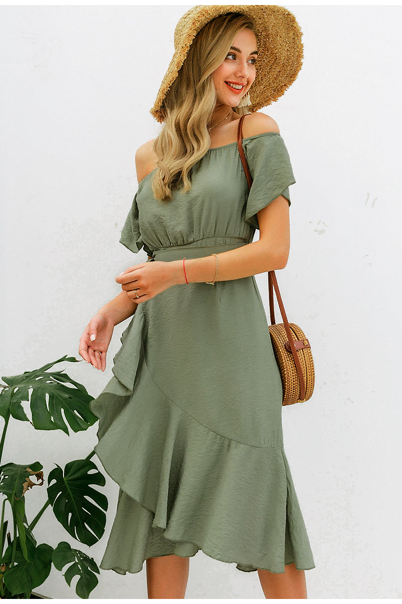 Sexy Off Shoulder Summer High Waist Ruffled Split Short Sleeve Long Dress-women-wanahavit-Green-S-wanahavit