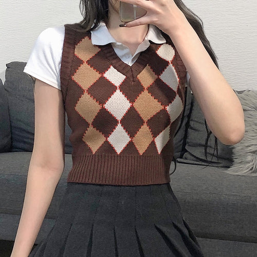 Load image into Gallery viewer, Argyle Women Sweater Vest Vintage Autumn Knit Pullover Cute Crop Jumper Short Sweater Streetwear Brown Top
